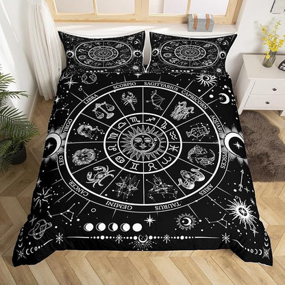 Sun Moon Duvet Cover Set King Size,Starry Galaxy 12 Constellations Bedding Set 3Pcs for Youth Men Adult Woman Room Decor,Black White Exotic Comforter Cover Gothic Boho Quilt Cover,2 Pillowcases