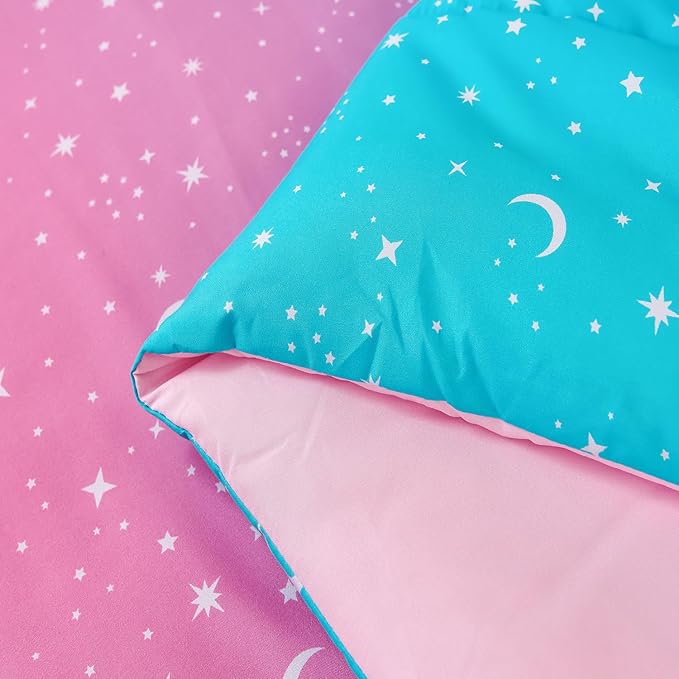 URBONUR Kids Queen Comforter Set Pink Rainbow Galaxy Moon Star Printed Bedding Set 6 Pieces Soft All Season Girls Bed in a Bag Queen Size