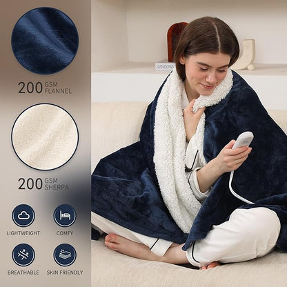 ESTINGO Heated Blanket Throw, Electric Blanket Flannel Sherpa with 4 Hours Auto Off & 5 Heating Levels, Washable Electric Heated Blanket with ETL Certified for Bedding, Ideal Gift, 50"x60", Navy Bule