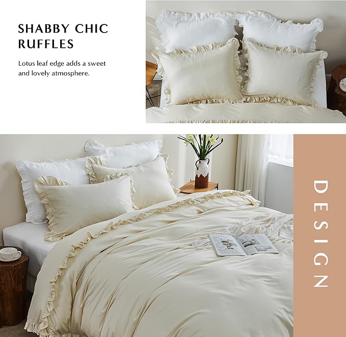 Simple&Opulence Kids 100% Organic Cotton Twin Duvet Cover Ruffle 2Pcs(1 Comforter Cover 1 Pillowcase) Cute Lace Vintage Boho Shabby Chic Farmhouse Bedding Set Teen Girls(Beige, Twin)