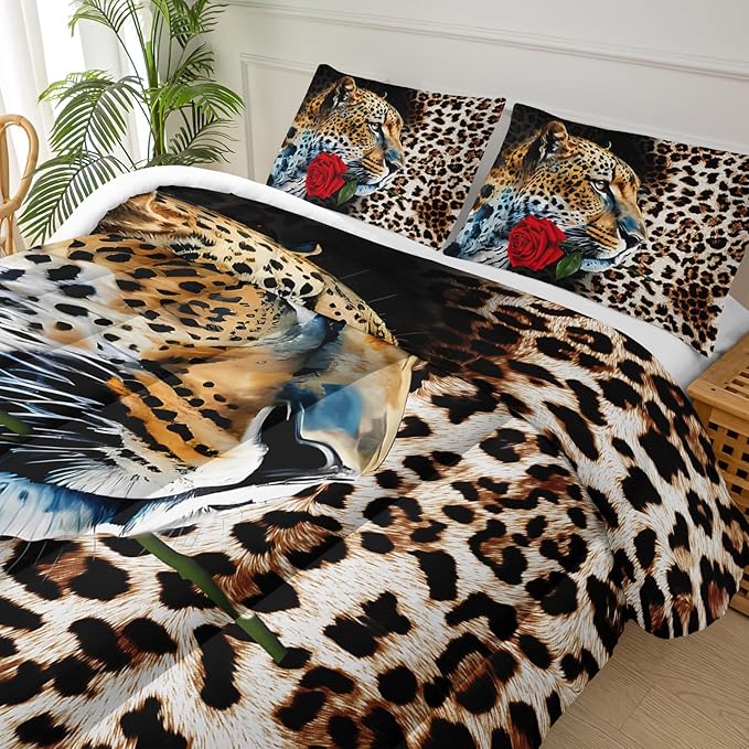 Red Rose and Leopard Comforter Set Queen for Boys,Brown Wild Animal Theme Bedding Set,3D Cheetah Quilt Set,Flowers Leopard Print Comforter Safari Animals Bed Set Bedroom Decor