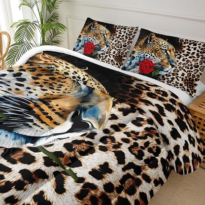 Red Rose and Leopard Comforter Set Queen for Boys,Brown Wild Animal Theme Bedding Set,3D Cheetah Quilt Set,Flowers Leopard Print Comforter Safari Animals Bed Set Bedroom Decor
