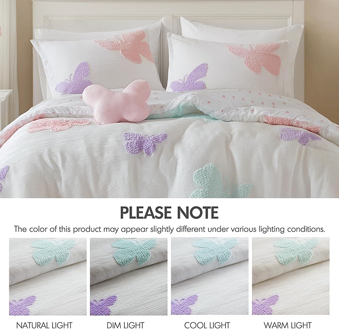 Intelligent Design Kids Rio Full/Queen Comforter Set – Girls’ Reversible Tufted Chenille Bedding with Pastel Purple Butterflies and Pink Dot, 4pcs