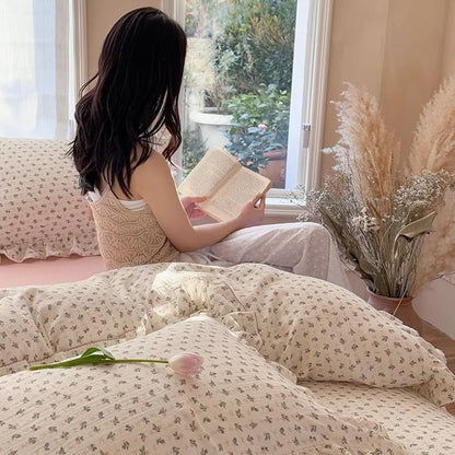 BuLuTu Cotton Muslin Duvet Cover Twin Size, Cottagecore Floral Print Bedding Set 3 Pieces, Soft Breathable Princess Ruffled Comforter Cover for Girls Kids Teens Toddlers, All Seasons