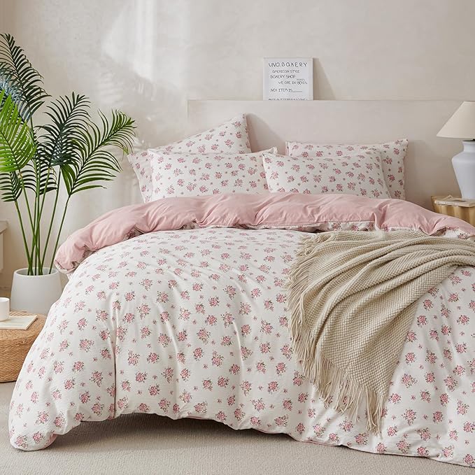 Jane yre King Duvet Cover Set Floral Soft Brushed Microfiber Crinkle Gauze 3 Pieces King Bedding Garden Style Flower Pattern King Duvet Cover Floral with Zipper Closure, Luxury Breathable Comfy