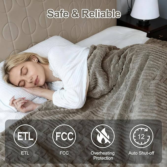 Heated Blanket King Size, 90“x100 Electric Blanket Heating Waffle with Dual Controllers, Fast Heating with 12 Heat Levels & 12 Hours Auto Off, with ETL & FCC for Bed(Light Gray)