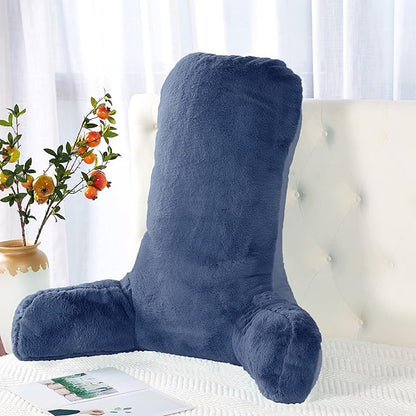 Faux Fur Assembly Need DIY Extra Large Backrest Reading Bed Rest Pillow with Arms and Pockets for Sitting in Bed Couch Sofa, Removable Cover & Filling Seprated, 28" x 30" x17",Dark Blue