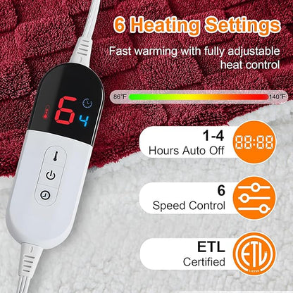 Electric Heated Throw Blanket - Jacquard Checkered Sherpa 50"x60" Fast Heating Bed Blankets with 6 Heating Levels & 4 Hours Auto Off, Over-Heat Protection ETL, Red