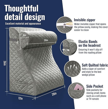 Daneey Reading Pillows for Sitting in Bed Adult Back Pillow for Bed Sitting Up, Back Support Pillow for Bed with Adjustable Roller, Foam Wedge Pillow for Neck, Lumbar, Back, Gray, 20 * 12 * 26IN