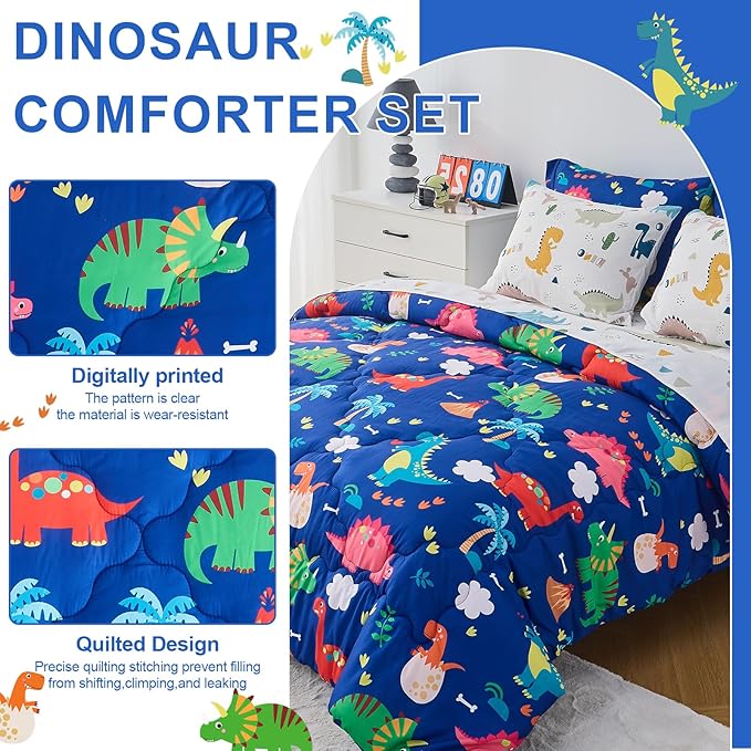 Wajade 7 Piece Kid Boys Dinosaur Comforter Set Full Size 3D Blue Dinosaur Wild Park Jungle Print Bedding Set with Comforter, Sheet Set, Pillowcase and Sham