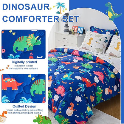 Wajade 7 Piece Kid Boys Dinosaur Comforter Set Full Size 3D Blue Dinosaur Wild Park Jungle Print Bedding Set with Comforter, Sheet Set, Pillowcase and Sham