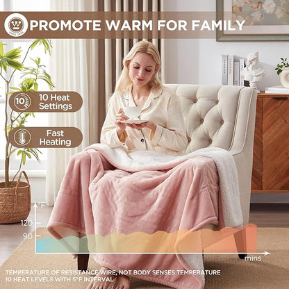 Westinghouse Heated Blanket Throw, Soft Flannel to Sherpa Electric Blanket with 10 Heating Levels, 12 Hours Auto Off, Fast Heating, Machine Washable, 50x60 Inch, Pink