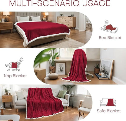 LUXIAN Electric Heated Blanket Twin Size 62"x84" - Microplush & Sherpa Fabric Dual-Sided, 6 Heat Settings & 1-10 Hours Auto Off, Cozy Warming Throw for Home, Office, or Bed, Machine Washable，Wine Red