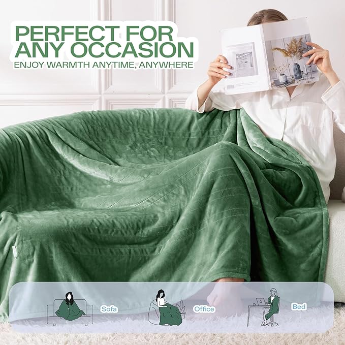 Electric Heated Blanket Queen Size, Dual Control Fast Heating Sherpa Blanket, 8 Heating Levels & 10 Hours Auto Off, Machine Washable with ETL & FCC Certified, Green
