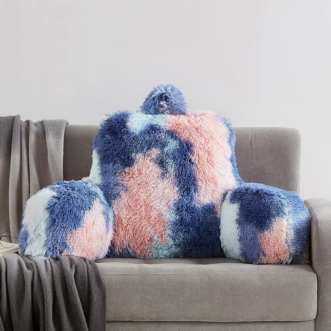 Reading Pillow for Bed Adult - Faux Fur Backrest Pillow with Arms, Ergonomic Back Pillows for Sitting in Bed, Extra Fluffy TV Pillows, College Dorm Pillows, Functional Bed Cushion, Bedrest