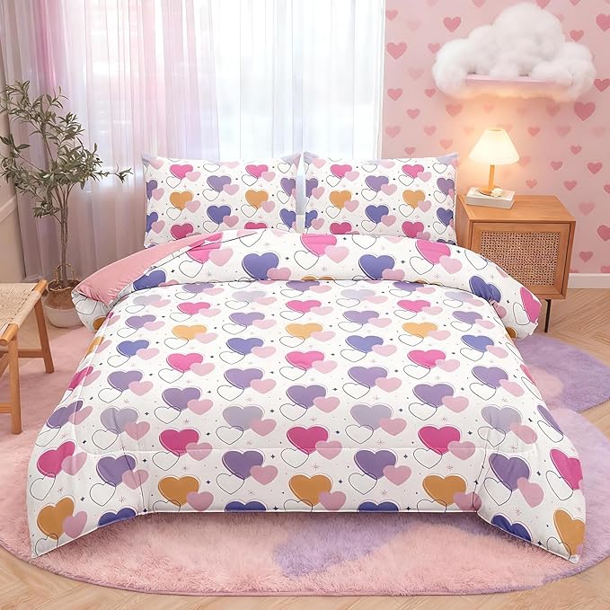 Peopleareok Pink Heart Comforter Sets Twin (68x86 Inch), 2 Piece Cute Pink Purple Heart Print Comforter with 1 Pillowcases, Ultral Soft Microfiber Kids Bed Set for Girls Bedroom Decor All Season