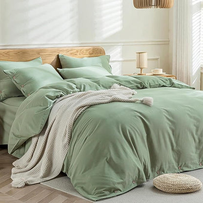 JELLYMONI Cotton Duvet Cover King Size - Light Green Comforter Cover with Button 100% Washed Cotton 3PCS Breathable Soft Solid Bedding Set Duvet Cover 104×90in & 2 Pillowcases (NO Comforter)