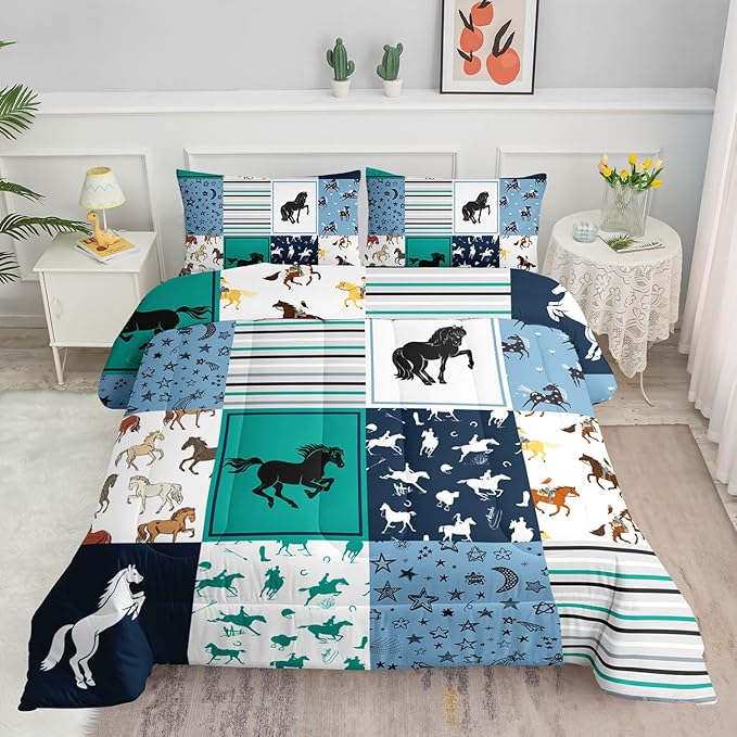 Kids Comforter Set Horses Printed Pattern Bedding Set with 1 Comforter and 2 Pillowcases for Girls Boys Bedroom All Season(Horses Twin)