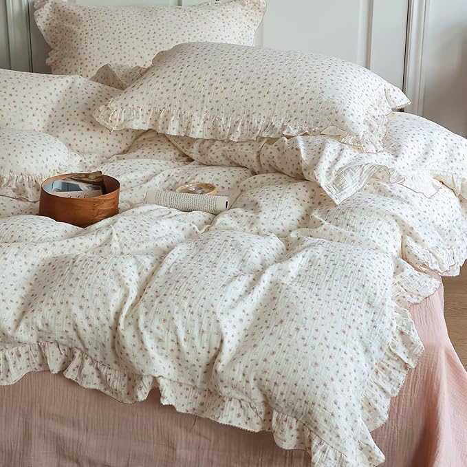 BuLuTu Elegant Pink Floral Ruffled Duvet Cover Full for Kids Teens Adults, 100% Muslin Cotton Comforter Cover with Pillow Cases, Soft Breathable Quilt Cover, Zipper Closure and 4 Corner Ties