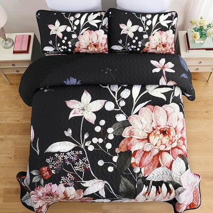 Drucon Floral Quilt King Size - 3 Pieces Black Quilt Botanical Bedspread Soft Lightweight Flower Bedding Set for All Season (104"x90")