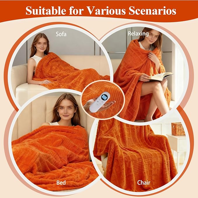 Heated Blanket Electric Heating Blanket Waffle with 12 Heat Levels, Fast Heating Blanket with 1-12 Timer, Overheat Protection with ETL & FCC for Bed Home Office Sofa -Orange -Single(50"x60")