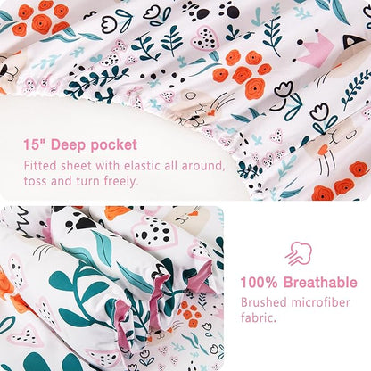 Mooreeke Twin Size Comforter Sets for Girls Kids, 6 Pieces Bed in a Bag Flower and Cat Bedding Comforter Sheet Set with Shams and Decorative Toy Pillow, Ultral Soft Microfiber Kids Bed Set