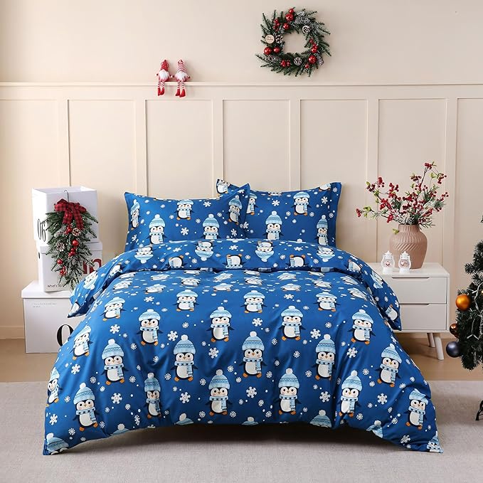 JSD Penguin Snowflakes Kids Christmas Duvet Cover Set Queen Size, 3 Piece Xmas Comforter Cover with Pillow Sham Zipper Closure, Comforter Not Included