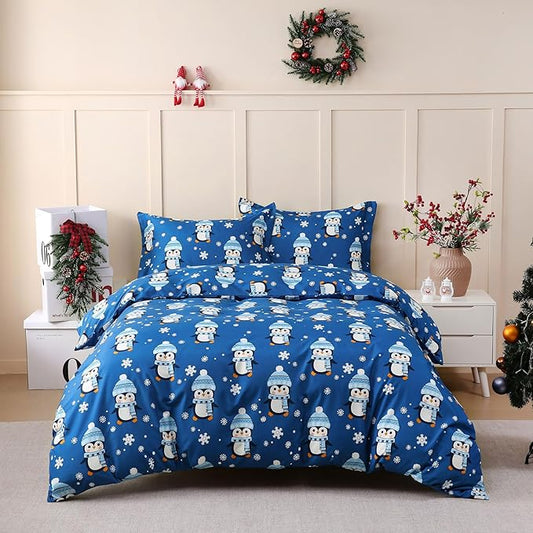 JSD Penguin Snowflakes Kids Christmas Duvet Cover Set Queen Size, 3 Piece Xmas Comforter Cover with Pillow Sham Zipper Closure, Comforter Not Included