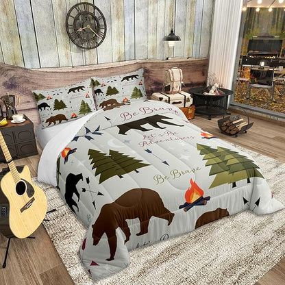 Happy Camping Bedding Set Full Size Hunt Bear Pine Trees Comforter Set for Kids Boys Men Adults Cabin Room Decor Campfire Arrow Cartoon Quilt Set Wild Outdoor Adventure Duvet Insert 3pcs