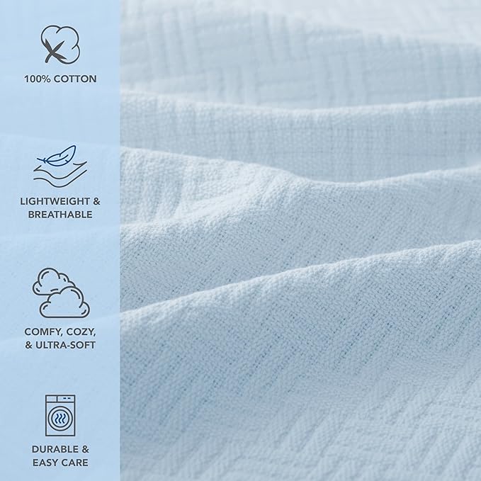 Arkwright Basket Weave King Blanket - 100% Ringspun Cotton All Season Blankets, Luxury Hotel Quality, Soft on Skin, Breathable, 300 GSM for Bed, Sofa, and Chair, 104 X 90 in, Blue