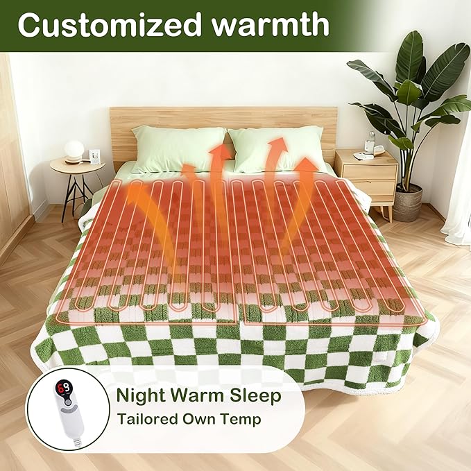 Electric Heated Blanket Full Size 72"×84" with 6 Heating Levels & 1-10Hs Auto Off, Checkered Plaid Heating Blanket Double Sided Sherpa, Fast Heating, Machine Washable for Christmas Gift Light Green