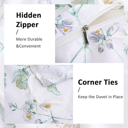 100% Cotton Duvet Cover Set Queen Size Vintage Chic Style Green Floral Duvet Cover Lightweight Floral Bedding Set with Zipper Closure for All Season, Exquisite, Ultra Soft