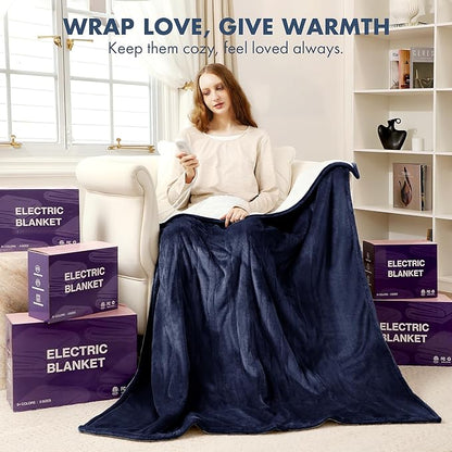 Heated Throw 50" x 60" - Soft Flannel Sherpa Electric Blanket with 5 Heating Levels & 4 Hours Auto Off, Heating Blanket Throw as a Gift for Grandma, Machine Washable (Navy)