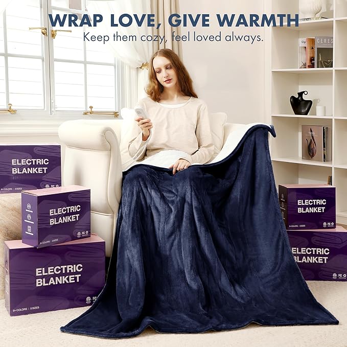 Electric Heated Blanket Twin 62" x 84" - Soft Cozy Flannel Sherpa Electric Blanket Twin Size with 5 Heating Levels & 10 Hours Auto Off, Heated Blanket for Women, ETL Certified (Navy)