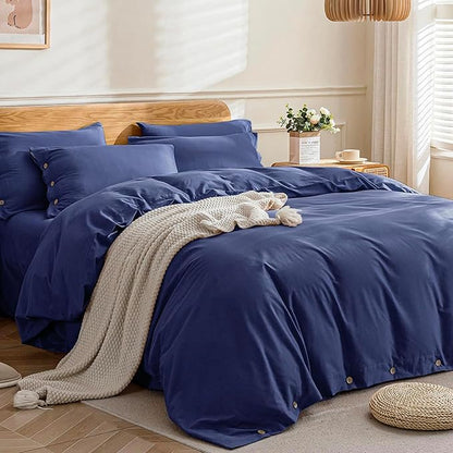 JELLYMONI Cotton Duvet Cover Twin Size - Navy Blue Comforter Cover with Button 100% Washed Cotton 2PCS Breathable Soft Solid Bedding Set Duvet Cover 68×90in & 1 Pillowcase (NO Comforter)