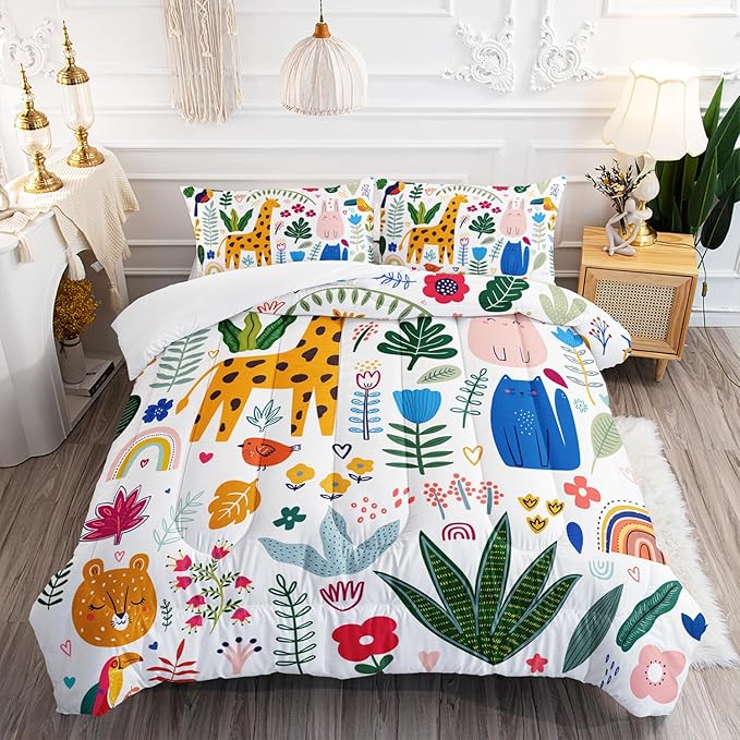Kids Cute Cat Comforter Set Full Size 3Pcs Cartoon Pet Rainbow Giraffe Fishing Bedding Set Lovely Animal Parrot Flower Quilt Bed Set for Children Girls Boys Room Decor