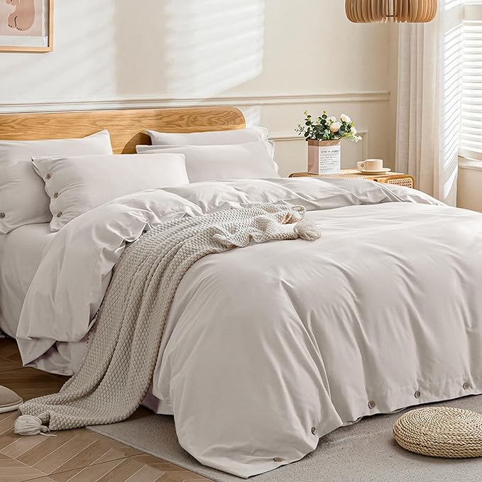 JELLYMONI Cotton Duvet Cover Super Queen Size - Beige Comforter Cover with Button 100% Washed Cotton 3PCS Breathable Soft Solid Bedding Set Duvet Cover 98×90in & 2 Pillowcases (NO Comforter)