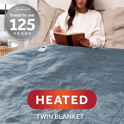 Sunbeam Electric Royal Luxe Microplush Heated Blanket, 12 Heat Settings, 12-Hour Auto Shut-Off, Fast Heating, Warm and Cozy, Cadet Blue Color, Twin (84" x 62")