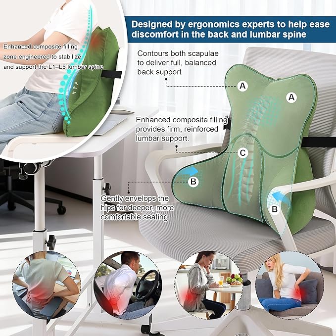 Lumbar Support Pillow for Lower Back Pain Relief – Multi-Functional Ergonomic Lumbar Cushion, Reading Pillow for Office Chair, Car Seat & Sofa,Olive Green
