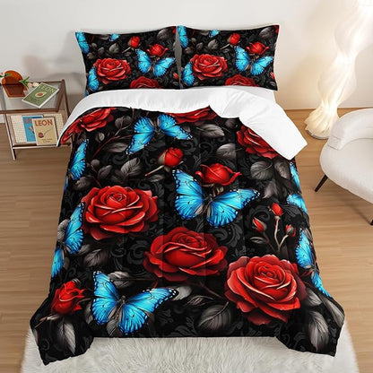 Black Red Rose Comforter Sets,Blue Butterfly Comforter Set Full Bedding Sets for Girls Women Bedroom Decor,Romantic Floral Themed Bedding Soft Lightweight Comforter Sets with 2 Pillowcases.