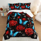 Black Red Rose Comforter Sets,Blue Butterfly Comforter Set Full Bedding Sets for Girls Women Bedroom Decor,Romantic Floral Themed Bedding Soft Lightweight Comforter Sets with 2 Pillowcases.
