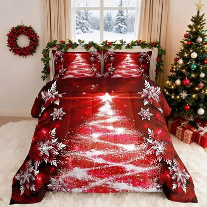 Feelyou Christmas Tree Comforter Set for Children Kids Boys Girls Luxury Chic Xmas Theme Bedding Set Glitter Snowflake Star Comforter Microfiber Red Duvet Set Room Decor Quilt Set Full Size