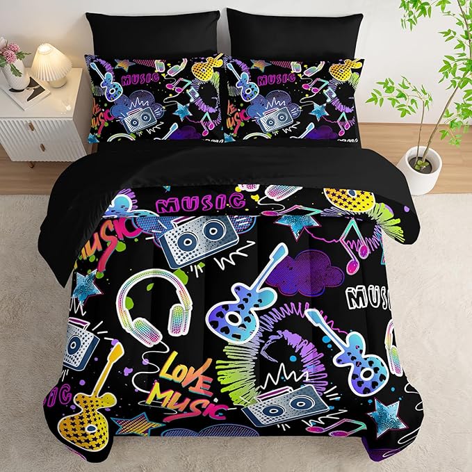 Colorful Guitar Comforter 7Pcs Musical Note Headphone Radio Star Bedding Set for Kid Teen Girl Boy Adult Cartoon Rock Music Quilt Bed Set Queen with 2 Sheets,2 Pillowcases,2 Throw Pillow Covers