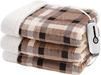 Electric Heated Blanket 72"x84" Full Size, Soft Flannel and Sherpa Double-Sided Material with 4 Heating Levels and 10 Hours Auto-Off, Machine Washable, Cozy Plush Fabric for Home, Brown Plaid