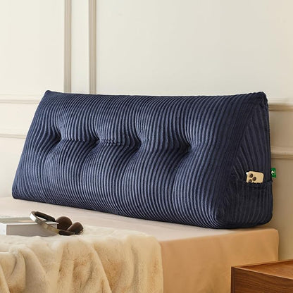 Z-hom Full Headboard Pillow, Triangular Wedge Reading Pillow for Bed or Sofa, Ergonomic Backrest Cushion for Sitting Up, Reading or Relaxing, with Side Pocket，Removable Washable Cover,Blue