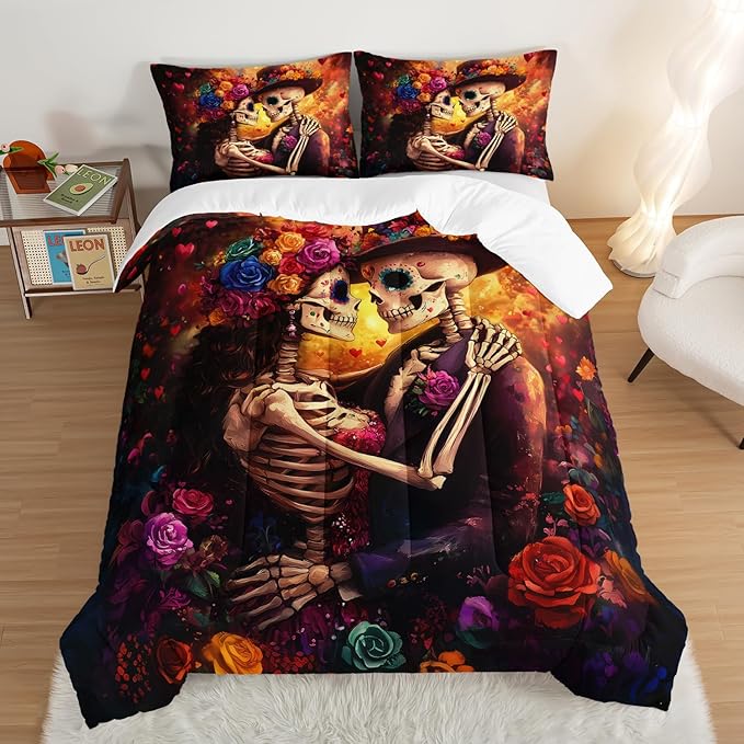 Skull Printed Comforter Set Full Size,Skeleton Couple Embrace Bedding Romantic Flower Comforter Set for Kids Girls Room Decor,Artistic Aesthetics Bedding Set with 2 Pillowcases.