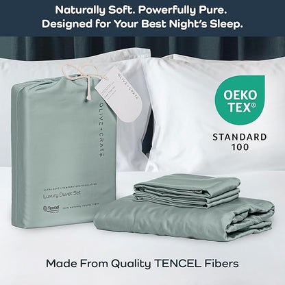 Olive + Crate Tencel Eucalyptus Cooling Duvet Cover Set - Hypoallergenic, Lyocell Tencel Duvet Cover - Soft, Temperature Regulating with Hidden Button Closure & Corner Ties - Queen Size [Eucalyptus]