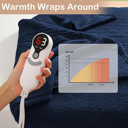 Electric Heated Blanket Full Size 72"×84" with 6 Heating Levels & 1-10Hs Auto Off, Heating Blanket Double Sided Plush Sherpa, Fast Heating, Machine Washable for Christmas Gift - Dark Blue