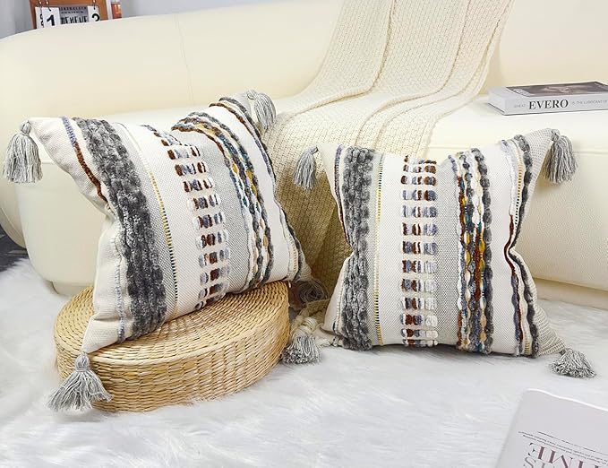 Boho Throw Pillow Covers 16x16 Aesthetic Neutral Boucle Couch Pillow Cover Rainbow Striped Decorative Accent Pillow Case for Couch Bed Sofa Farmhouse,Modern Funky,Set of 2 Brown-Grey