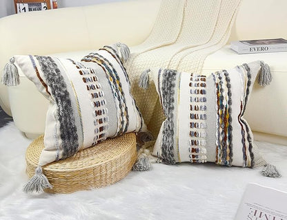 Boho Throw Pillow Covers 16x16 Aesthetic Neutral Boucle Couch Pillow Cover Rainbow Striped Decorative Accent Pillow Case for Couch Bed Sofa Farmhouse,Modern Funky,Set of 2 Brown-Grey